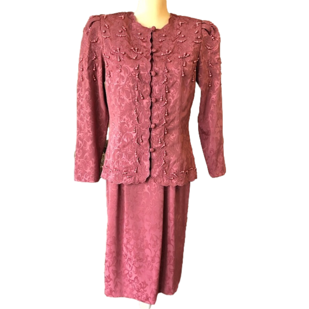 Vintage In The Mood 90s Rosy Pink Pearled Puff Sleeve Mother of Bride Skirt Suit